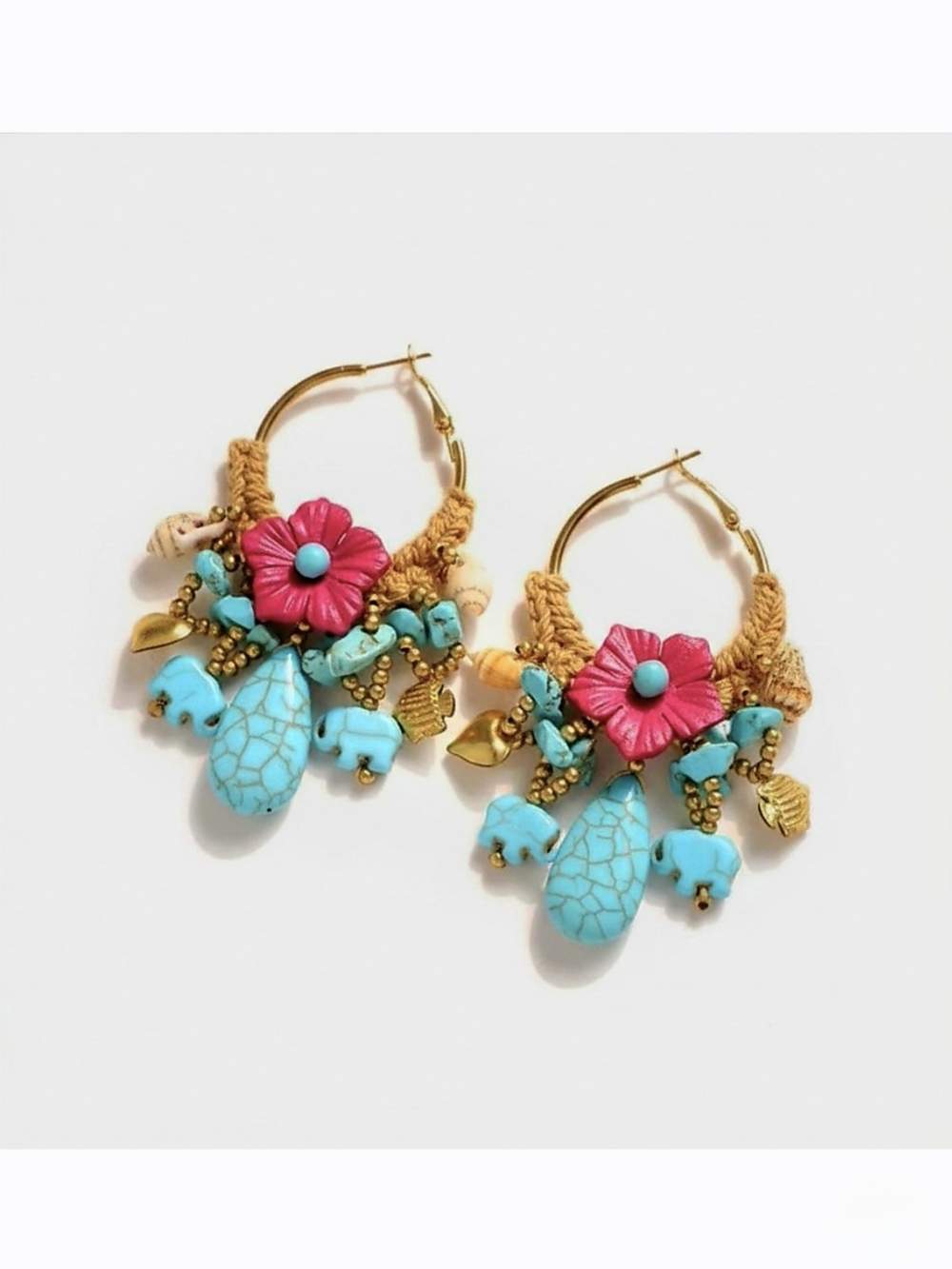 Boho Turquoise & Pink‎ Floral Hoop Earrings